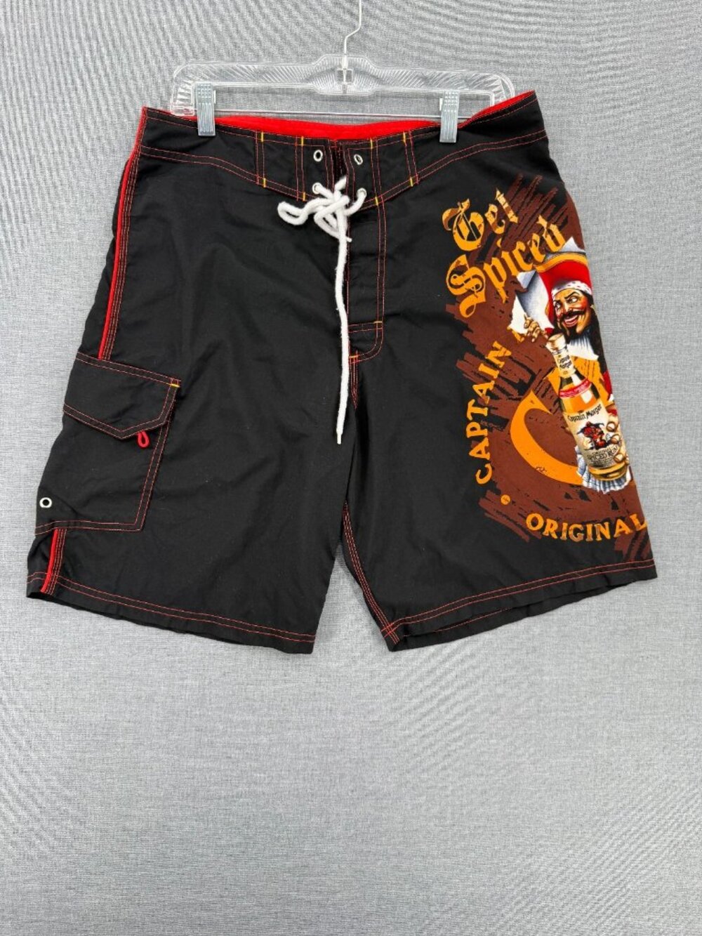 Captain Morgan Board Shorts Mens 32 8" Black Piracy Spiced Rum Pocket Drawstring